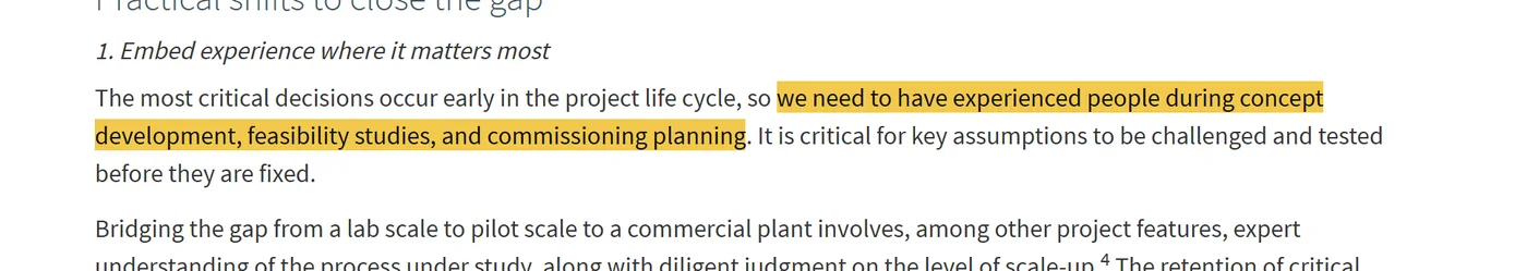 Hatch, The ramp-up series, Part 6: The most critical decisions occur early in the project life cycle, so we need to have experienced people during concept development, feasibility studies, and commissioning planning.