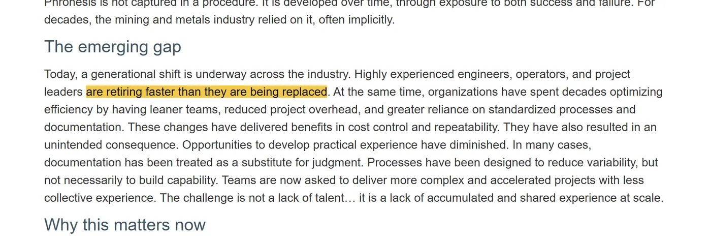 Hatch, The ramp-up series, Part 6: Today, a generational shift is underway across the industry. Highly experienced engineers, operators, and project leaders are retiring faster than they are being replaced.